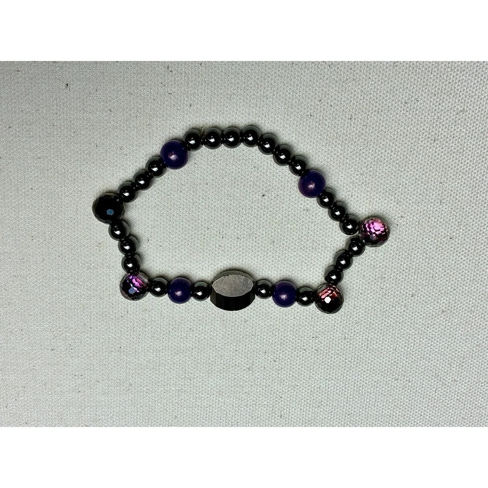 Black Purple Beaded Stretch Bracelet Hematite Glass Crystal Fashion Jewelry